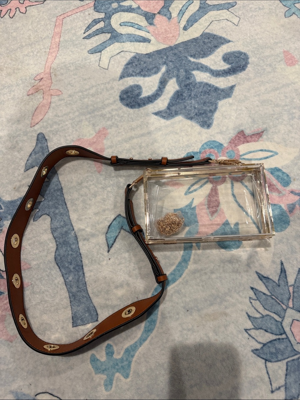 Clear Rectangular Crossbody Bag with Brown Strap